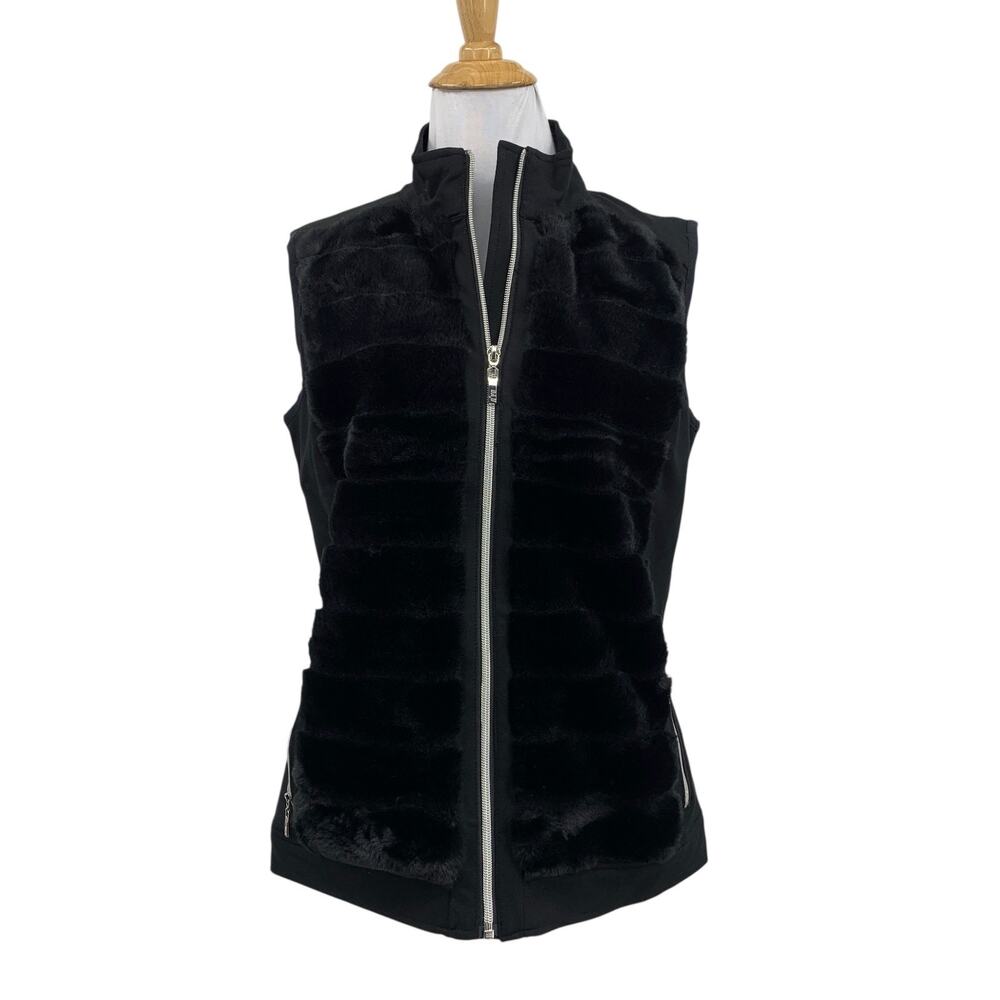 NVO Sport Nivo Vest Women M Medium Black Full Zip Sleeveless Faux Fur Panel Golf